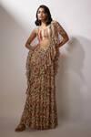 Buy_Nadima Saqib_Beige Georgette, Crepe Sequins Square Neck Pre-draped Printed Saree With Blouse _at_Aza_Fashions
