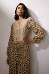 Nadima Saqib_Beige Crepe Embroidery V-neck Printed Kurta And Pant Set _at_Aza_Fashions