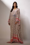 Nadima Saqib_Ivory Crepe Printed V Neck Sequin Work Kaftan _Online_at_Aza_Fashions