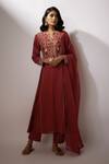 Buy_Nadima Saqib_Maroon Chanderi, Organza Embroidery, Zari Mandarin Zardosi Kurta Pant Set _at_Aza_Fashions