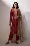 Buy_Nadima Saqib_Maroon Kurta Chanderi Embroidered Zardosi V Neck Floral Straight Pant Set _at_Aza_Fashions