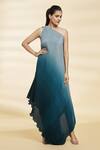 Buy_Samyukta Singhania_Blue Chinon Plain Asymmetric Neck Tiana One Shoulder Dress_at_Aza_Fashions