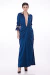 Buy_DILNAZ_Blue Stretch Satin Hand Embroidered Applique Sequin Draped Gown  _at_Aza_Fashions