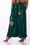 DILNAZ_Emerald Green Satin Linen Hand Embroidered Mirror And Diamante Trouser  _Online_at_Aza_Fashions