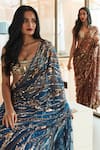 DILNAZ_Blue Net Hand Embroidered Sequin And Bead Work Abstract Pattern Saree  _at_Aza_Fashions