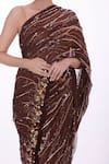 DILNAZ_Brown Chiffon Hand Embroidered Floral Sequin Work Abstract Pattern Saree_Online_at_Aza_Fashions