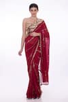 Buy_DILNAZ_Red Georgette Hand Embroidered Floral Mirror And Cut Dana Saree  _at_Aza_Fashions