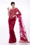 Buy_DILNAZ_Red Net Hand Embroidered Thread Gara Flowers Saree  _at_Aza_Fashions