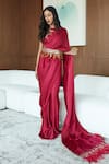 Buy_DILNAZ_Red Net Hand Embroidered Feather Boat Pre-draped Saree And Blouse Set  _at_Aza_Fashions