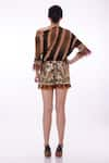 Shop_DILNAZ_Brown Stretch Net Hand Embroidered Feather Floral Applique Shorts _at_Aza_Fashions