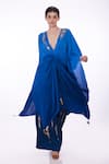 DILNAZ_Blue Blended Satin Embroidery Cutdana Plunge V Neckline Draped Kaftan  _Online_at_Aza_Fashions