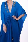 Buy_DILNAZ_Blue Blended Satin Embroidery Cutdana Plunge V Neckline Draped Kaftan  _Online_at_Aza_Fashions