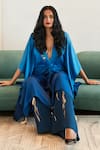 Shop_DILNAZ_Blue Blended Satin Embroidery Cutdana Plunge V Neckline Draped Kaftan  _Online_at_Aza_Fashions