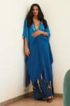 DILNAZ_Blue Blended Satin Embroidery Cutdana Plunge V Neckline Draped Kaftan  _at_Aza_Fashions