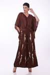 Buy_DILNAZ_Brown Blended Satin Plain V Neck Solid Draped Kaftan  _at_Aza_Fashions