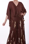 DILNAZ_Brown Blended Satin Plain V Neck Solid Draped Kaftan  _Online_at_Aza_Fashions