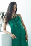 DILNAZ_Emerald Green Cotton Satin Embellished Feather Round Neckline Gown _Online_at_Aza_Fashions