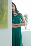 Buy_DILNAZ_Emerald Green Cotton Satin Embellished Feather Round Neckline Gown _Online_at_Aza_Fashions