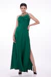 DILNAZ_Emerald Green Cotton Satin Embellished Feather Round Neckline Gown _at_Aza_Fashions