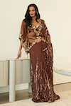 Buy_DILNAZ_Brown Net Embroidery Sequin Open Work Kaftan  _at_Aza_Fashions