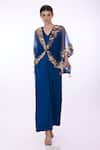 Buy_DILNAZ_Blue Net Embroidery Sequin Applique Jumpsuit Plain With Work Kaftan  _at_Aza_Fashions