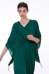 DILNAZ_Emerald Green Blended Satin Plain Draped Kaftan With Jumpsuit  _Online_at_Aza_Fashions