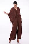 Buy_DILNAZ_Brown Blended Satin Embellished Feather V Border Kaftan With Jumpsuit  _at_Aza_Fashions