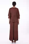 Shop_DILNAZ_Brown Blended Satin Embellished Feather V Border Kaftan With Jumpsuit  _at_Aza_Fashions