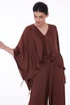 DILNAZ_Brown Blended Satin Embellished Feather V Border Kaftan With Jumpsuit  _Online_at_Aza_Fashions