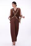 Buy_DILNAZ_Brown Net Embroidered Sequin Applique V Border Kaftan With Jumpsuit  _at_Aza_Fashions