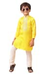 Shop_Partykles_Yellow 100% Cotton Silk Embroidered Thread Placket Kurta And Pant Set _at_Aza_Fashions