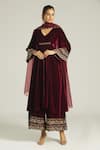 Buy_Khwaab by Sanjana Lakhani_Maroon Raw Silk Embroidered Zardozi And Aari Work Panelled Anarkali & Palazzo Set_Online_at_Aza_Fashions