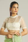 Nazaakat by Samara Singh_Green Organza Embroidered Pearl Illusion High Neck Zardozi Blouse And Saree Set_at_Aza_Fashions