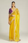 Buy_Samyukta Singhania_Yellow Saree Organza Embroidered Thread V Neck Blouse And Set _at_Aza_Fashions