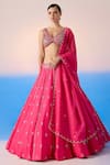 Buy_Mirroir_Pink Viscose Dupion Embroidered Crystal Plunge Floral Blossom Lehenga Set _at_Aza_Fashions