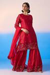 Mirroir_Red Chanderi Embroidered Crystal Floral Thread Kurta Sharara Set _at_Aza_Fashions