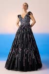 Buy_Mirroir_Black Organza Silk Embellished Sequin Plunge Crystal Floral Gown  _at_Aza_Fashions