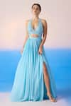 Buy_Mirroir_Sky Blue Viscose Crepe Embellished Sequin Halter Neck Floral Yoke Gown _at_Aza_Fashions