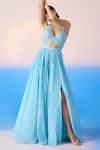 Mirroir_Sky Blue Viscose Crepe Embellished Sequin Halter Neck Floral Yoke Gown _Online_at_Aza_Fashions