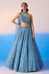 Mirroir_Blue Pure Organza Embellished Sequin One Shoulder Botanic Crystal Lehenga Set _Online_at_Aza_Fashions