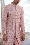 Soniya G_Pink Raw Silk Embroidered And Embellished Thread Zari & Sherwani Set _Online_at_Aza_Fashions