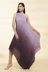 Khwaab by Sanjana Lakhani_Purple Chinon Plain Asymmetric Neck Tiana Pleated Ombre Dress _at_Aza_Fashions