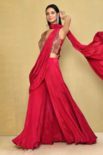 Dirty Pink Pleated Palazzo Saree with Sequinned Ready to Wear Stretchable Blouse