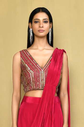 Pink Embroidered Stitched Palazzo Saree with Blouse Piece and Embellished Belt main image 1
