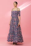 Naintara Bajaj_Blue Cotton Printed Floral Straight Off Shoulder Dress _Online_at_Aza_Fashions