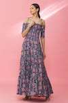 Buy_Naintara Bajaj_Blue Cotton Printed Floral Straight Off Shoulder Dress _Online_at_Aza_Fashions