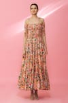 Naintara Bajaj_Peach Cotton Printed Floral Straight Pattern Off Shoulder Dress _at_Aza_Fashions