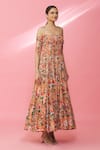 Naintara Bajaj_Peach Cotton Printed Floral Straight Pattern Off Shoulder Dress _Online_at_Aza_Fashions