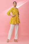 Shop_Naintara Bajaj_Yellow Cotton Bandhani Print Peplum Top_Online_at_Aza_Fashions
