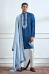 TAJIRI_Blue Cotton Tussar Hand Embroidered Floral Expedition Kurta Set _Online_at_Aza_Fashions